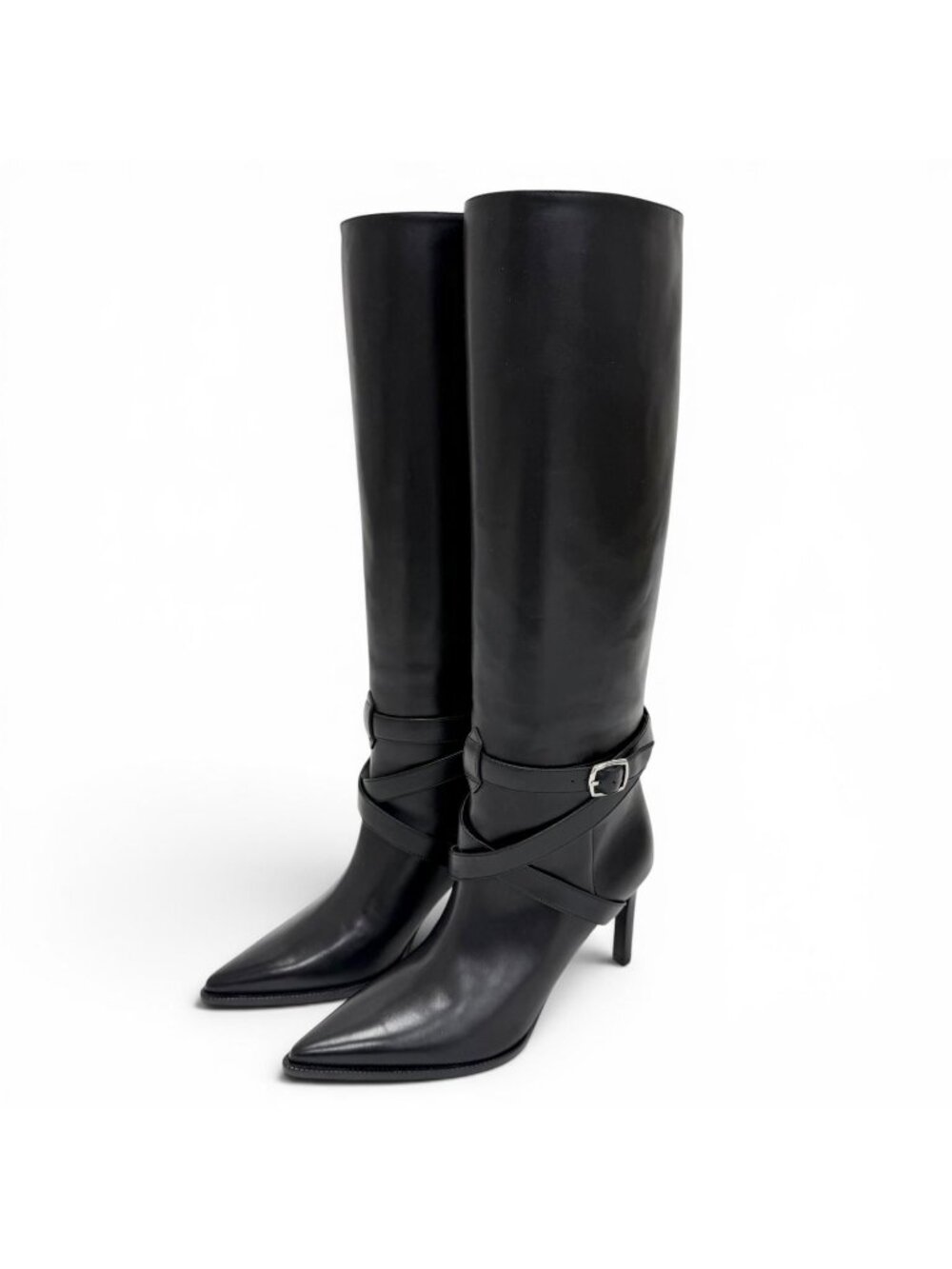 Celine Verneuil High Boots with Belt Pointed Toe Leather Long Black